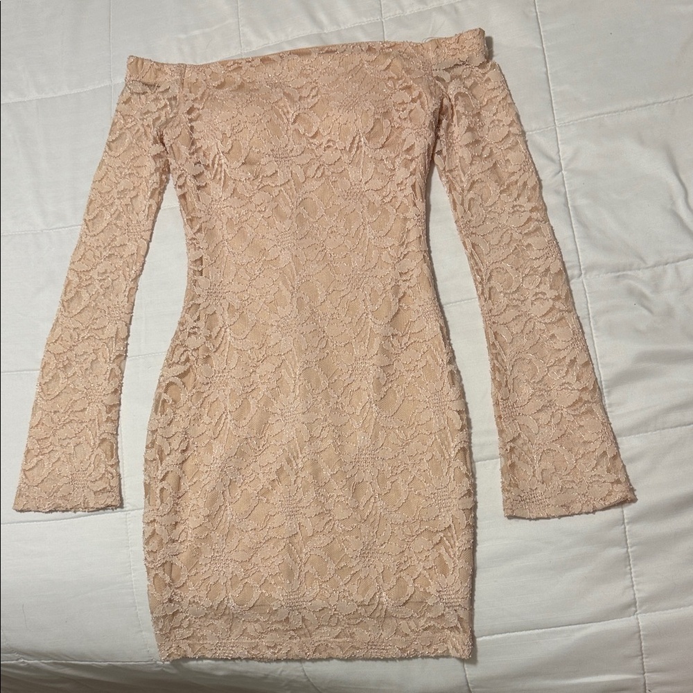 Emerald Sundae Lace Off-Shoulder Dress in Pink S